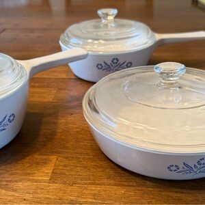 Lot Of 3 Corning Ware Blue Cornflower Stove Tops All With Match Lids